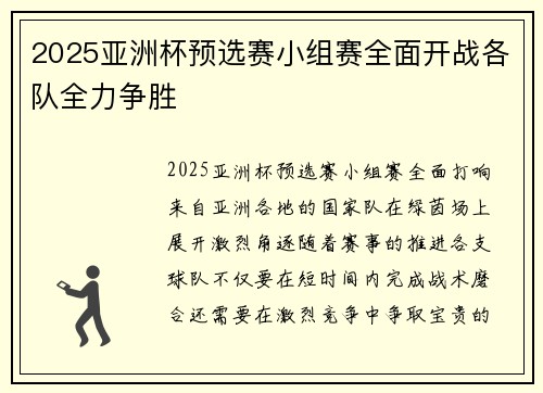 2025亚洲杯预选赛小组赛全面开战各队全力争胜